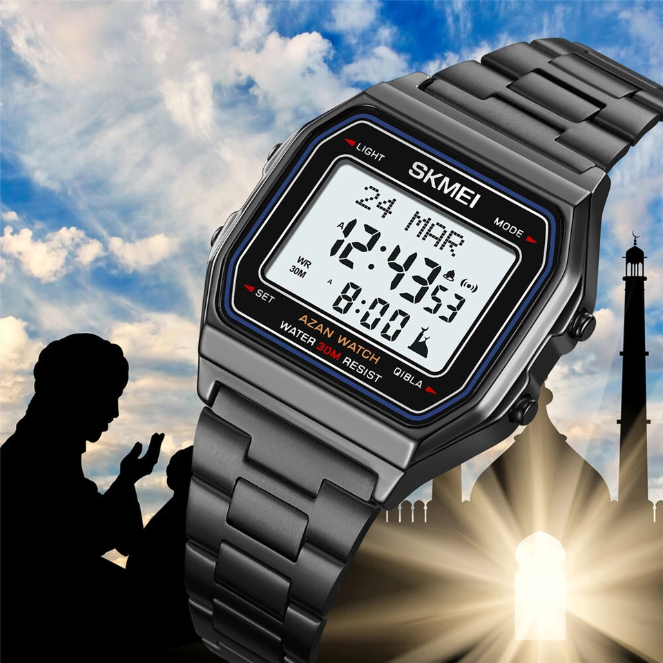 SKMEI Men Square Watch Qibla Time Reminder Digital Steel Wristwatch Prayer Watch - Image 2 of 4