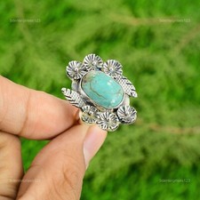 Natural Tibetan Turquoise 925 Silver Flower Adjustable Ring For Women
