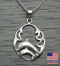 Sterling Silver Ocean Mother Baby Dolphin Oval Pendant Rolo Necklace 20 inches