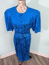 Adrianna Papell Shirt Dress Silk Button Down short Sleeve Blue floral Belt 14