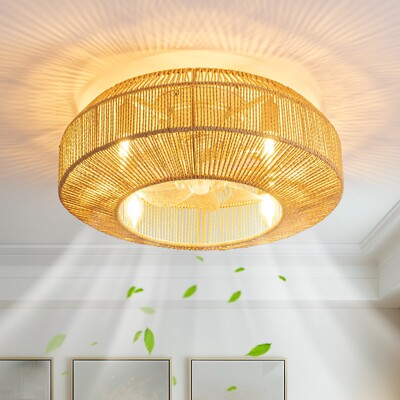 20'' Boho Rattan Ceiling Fan with Light and Remote White Low Profile Ceiling Fan