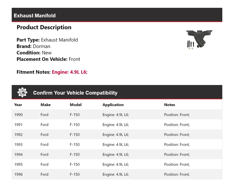 Coletor de escape dianteiro 1991 1992 1993 para 1990-1996 Ford F-150 4.9L L6 Dorman - Imagem 2 de 4