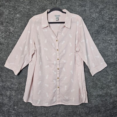 Catherines Top Womens 1X Light Pink Pineapple Linen Button Up Beachy Office