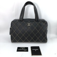 Chanel Black Cowhide Bowling Handbag Classic Beige Contrast Stitching Casual