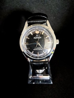 Vintage Roamer Men's Leather Mechanical Black & Silver Watch RARE