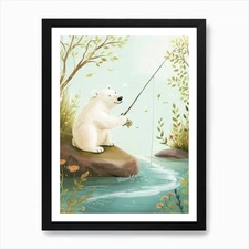 Polar Bear Fishing In A Stream Stor Framed Wall Art Poster Canvas Print Picture