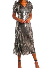 NWT Vince Camuto Silver Sequin Puff Sleeve Midi Dress Size 14