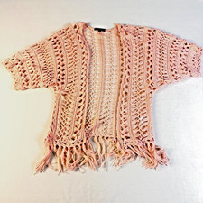 Pink Crochet Lace Kimono Medium Boho Fringe Duster Open Front Beach Cover Up