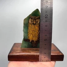 Hand-Painted Jadeite Owl Figurine | Natural Jade Stone Sculpture on Wood