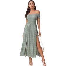 Off Shoulder Maxi Dress Womens S Sage Green Ditsy Floral Smocked Boho Cottage