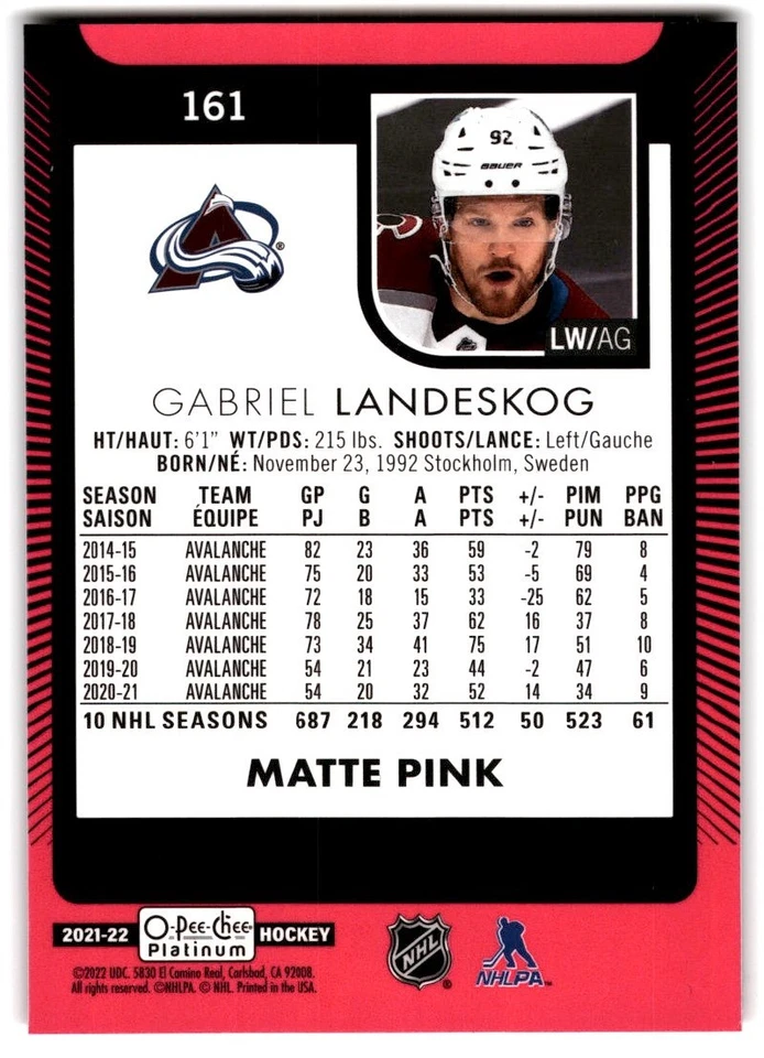 2021-22 O-Pee-Chee Platinum Matte Pink Gabriel Landeskog #161 Colorado Avalanche - Image 2 of 2