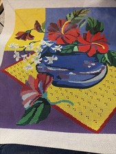 Handpainted Needlepoint Canvas Blue Vase Red Hibiscus Flowers Bright 14ct 14x16
