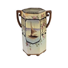 Antique Japanese Nippon Moriage Hand Painted Vase Floral Trellis Boat Scene 6"