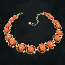SIGNED 🖤 Trifari 🖤 PASTEL Jewels of India Fruit Salad CORAL PINK GOLD Necklace