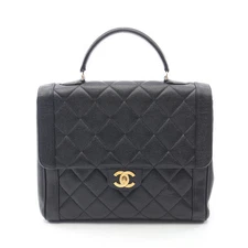 CHANEL Matelassé Handbag Caviar Leather Black Gold Hardware #RC927