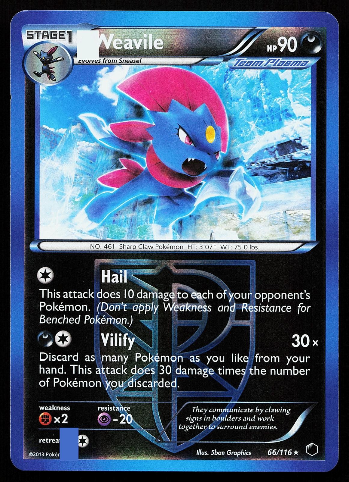 Weavile 66/116 Reverse Holo Rare Plasma Freeze Pokemon Card
