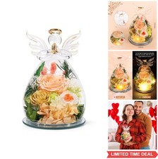 Preserved Rose Angel Figurine Glass Dome LED Light Forever Flower Gift For Mom