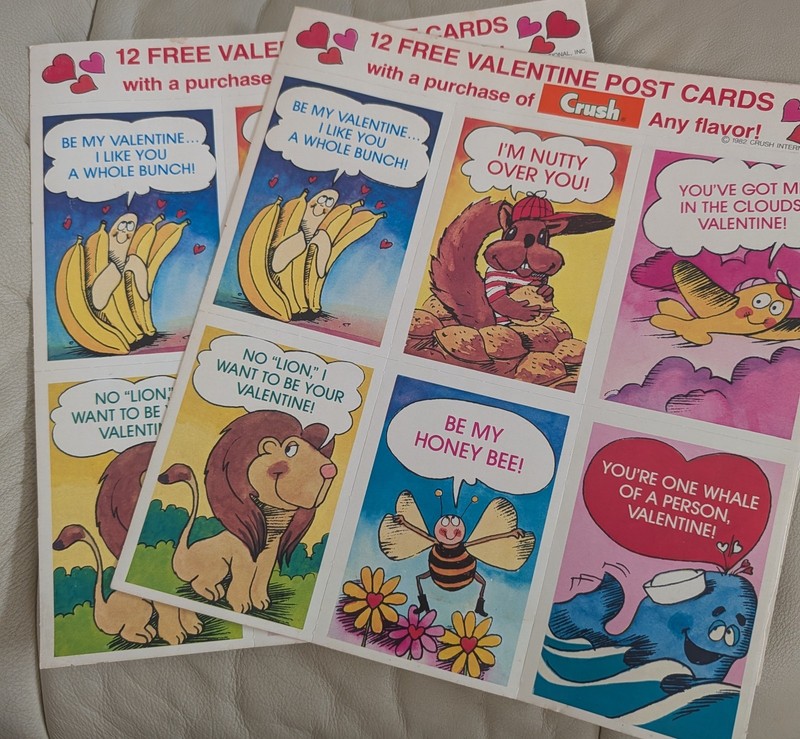 2 Sets Vtg 1982 Orange Crush Soda Valentine Post Cards (12 in Each set) Unused 