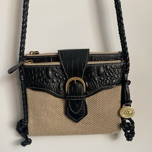 ¡Nuevo! Bandolera tejida Brahmin para mujer bolso de mano delgado beige y negro herrajes dorados - Imagen 2 de 17