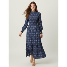 Pink City Prints Isabel Smocked Tiered Maxi Dress Small Midnight Vine Blue