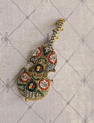 #ad Vtg Early Micro Mosaic Guitar Brooch Fashion Jewelry Multicolor Stones Pin $35.00