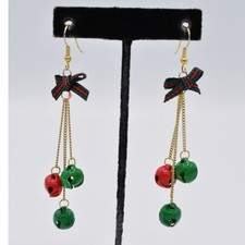 Vintage Earrings Dangle Jingle Bells Red Gold Bow Christmas Holiday Statement 9I