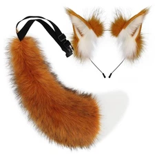 Faux Fur Furry Cat Ears Headband and Fox Wolf Tail Plush Cosplay Costume Acce...