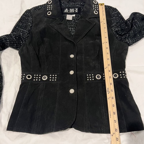 Y2K AMI Leather Jacket Womens M Black Suede Studded Grunge Rock Western - Picture 10 of 10
