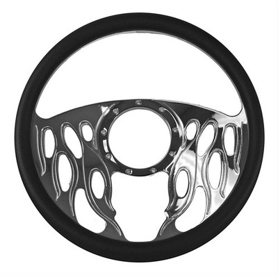 Summit Racing Steering Wheel Flamed Billet Aluminum Black Grip Chrome Spokes EA
