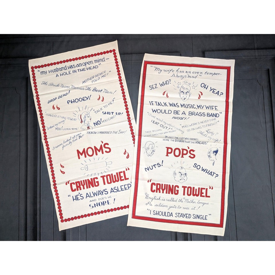 A genuine MCM 'Mom's & Pop's Crying Towel' novelty set — mid-century couples humor at its most charmingly absurd.