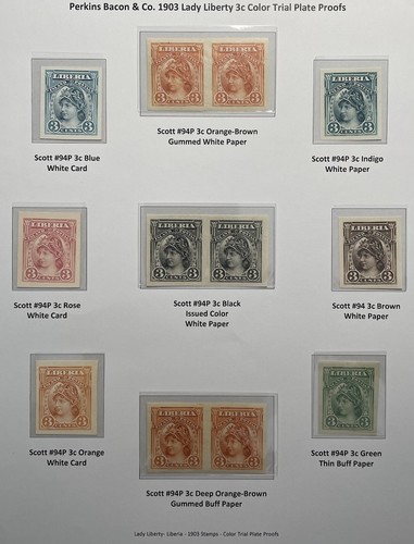 Rare Liberia Stamps 1903 Liberty IMPERF PLATE PROOFS Colour Trials, Paper & Card