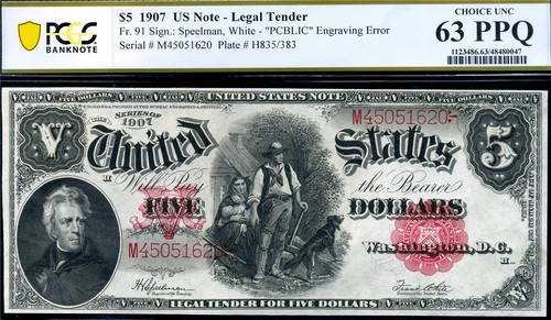 HGR 1907 $5 Legal Tender FR.91 ((Famous PCBLIC Error)) PCGS CHOICE UNC 63PPQ - Picture 1 of 3