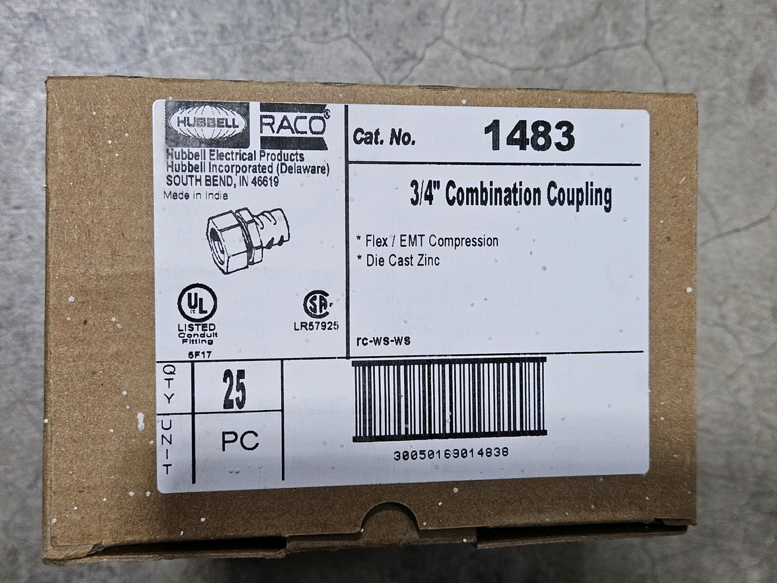 Box (25) HUBBELL RACO 3/4" Flex to 3/4" EMT Screw-In Compression Coupling #1483