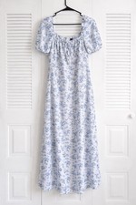 SHEIN Women's White Blue Floral Long A-Line Dress Puff Sleeve Tie Square Neck L