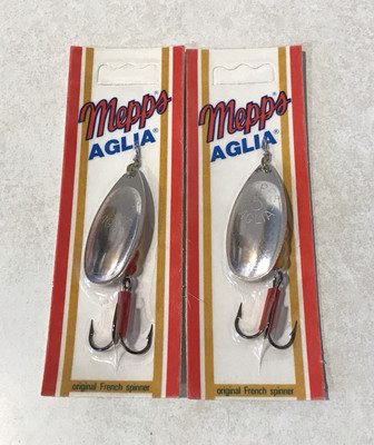 LOT OF 2 MEPPS AGLIA FRENCH SPINNER SIZE #5 SILVER RED YELLOW 1/2oz NEW VINTAGE