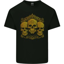 Camiseta 3 calaveras doradas ornamentadas gótica gótica de algodón ligero para hombre