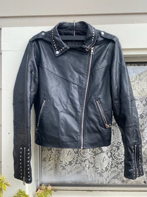 bebe Black Studded Faux Leather Studded Biker Jacket Full Zip Size M