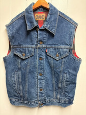 Vintage 1990's USA Made Cotton Levi's Denim Jacket Vest Red Plaid Lined size M