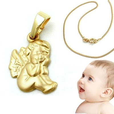 FACHHANDEL-DIREKT niedlicher sitzender Baby Schutz Engel Anhänger Echt Gold 333 mit Silber Kette