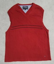 VTG Tommy Hilfiger Mens Sweater Vest Cableknit Red With Blue Stripes Size XL