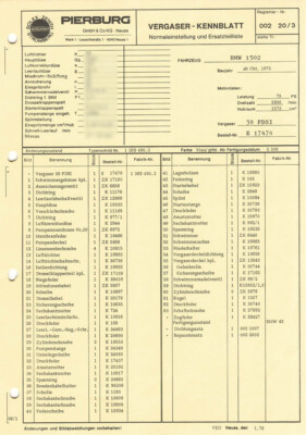 Einstelldaten Datenblatt Ersatzteilliste BMW 1502 Solex 38 PDSI Vergaser E17478