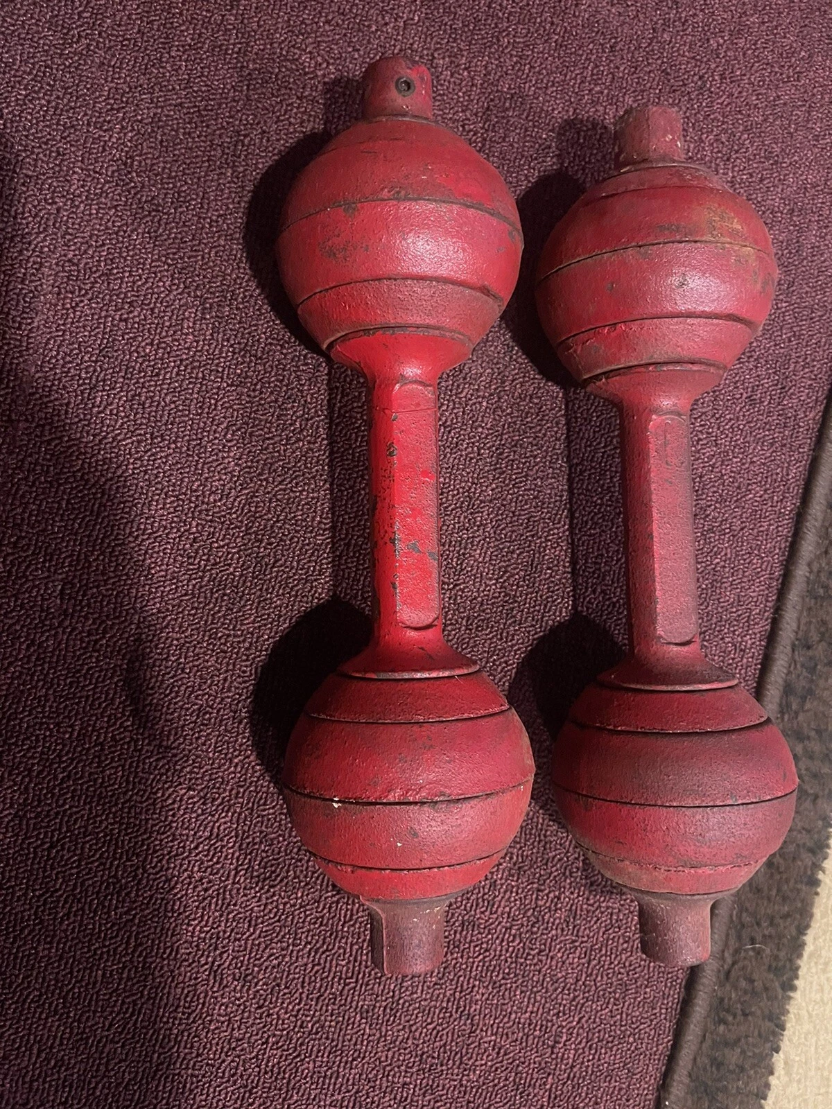 Vintage Matching Pair Waxed Cast Iron GOGO Bells Dumbbells Weights Globe 15lbs
