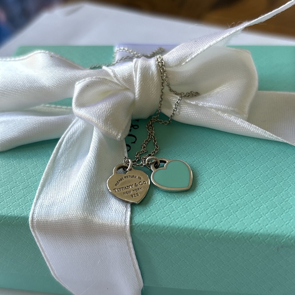 TIFFANY & Co. Return to Mini Double Heart Pendant Necklace Enamel Blue