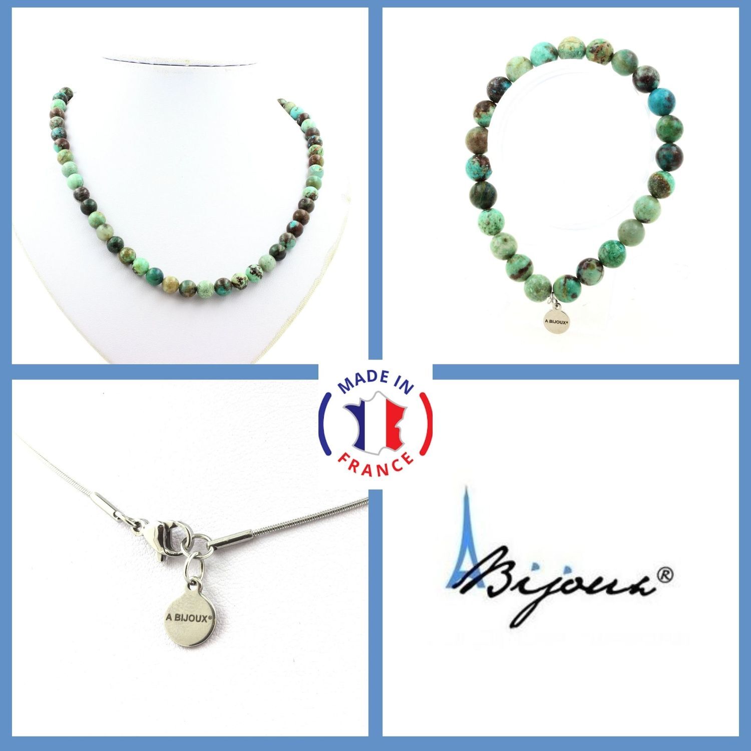 Parure bijoux chrysocolle de Namibie : collier perles et bracelet pierres naturelles