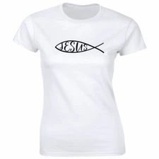 Jesus Printed with Fish Image T-Shirt for Women Christian Catholic Tee