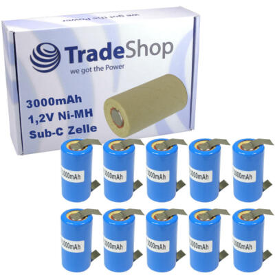 10x Sub-C SC Zelle Rohzelle zum Selbsteinbau 3000mAh 1,2V mit U-Lötfahne