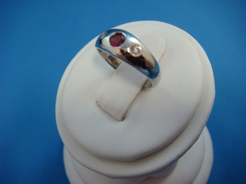 14K WHITE GOLD 3.4 GRAMS, RUBY & 2 DIAMONDS SMALL GYPSY RING, SOLID BACK - Picture 11 of 12