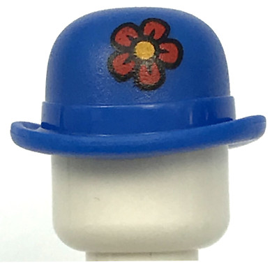 LEGO NEW BLUE MINIFIGURE HAT WITH BRIM AND FLOWER PATTERN PIECE