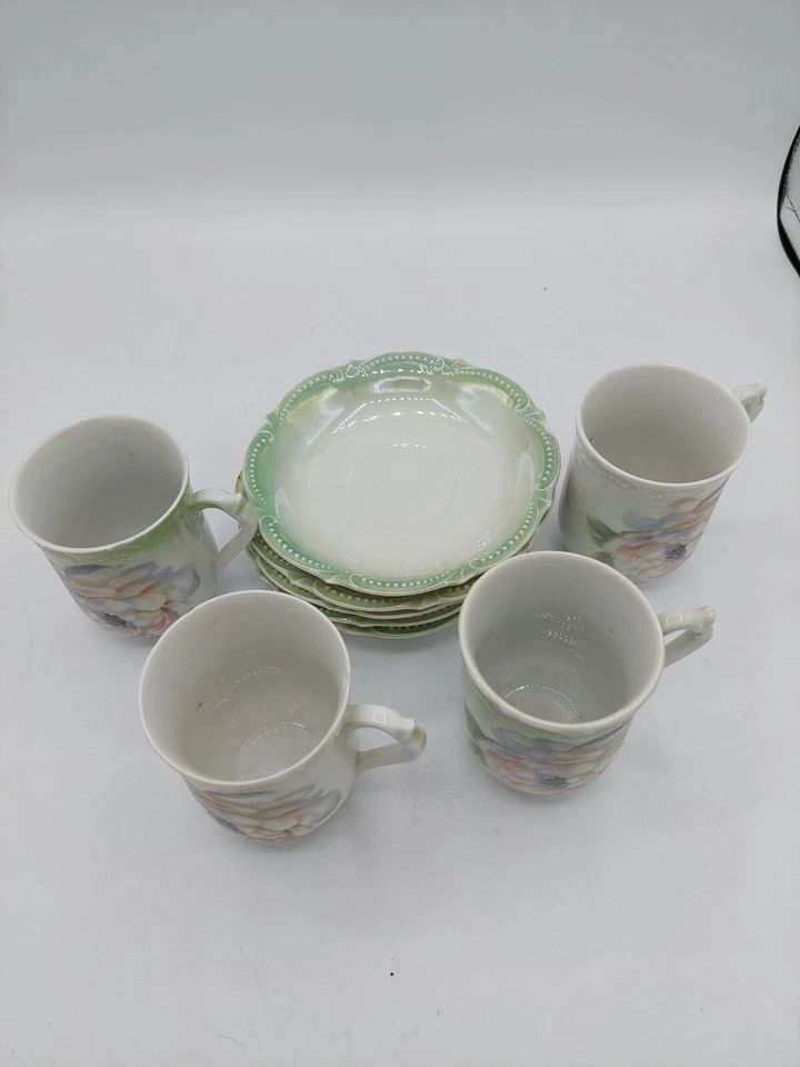 set of 4 C. 1914 - 1922 PK Silesia Cups & Saucers Peony Pattern - Image 2 of 4