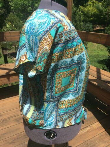 Plus Size Blouse Short Sleeves Tie Front Baroque Print Blue Green Gold 2X - Picture 2 of 5